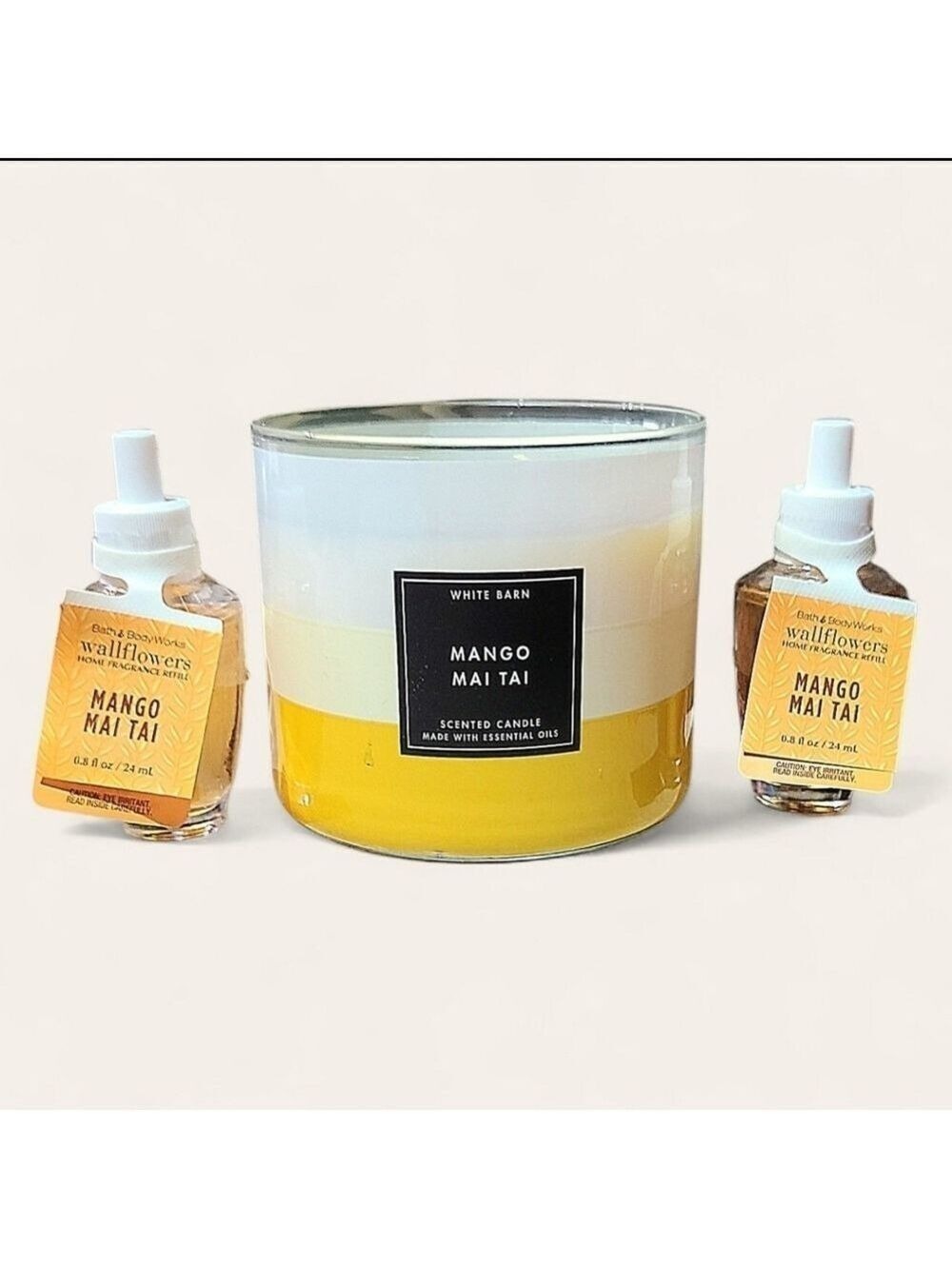 MANGO MAI TAI 3-WICK CANDLE & 2 WALLFLOWER FRAGRANCE REFILLS BATH & BODY WORKS